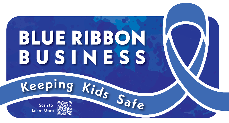 Blue Ribbon Business banner with a looping ribbon and the slogan Keeping Kids Safe, plus a QR code for more info.