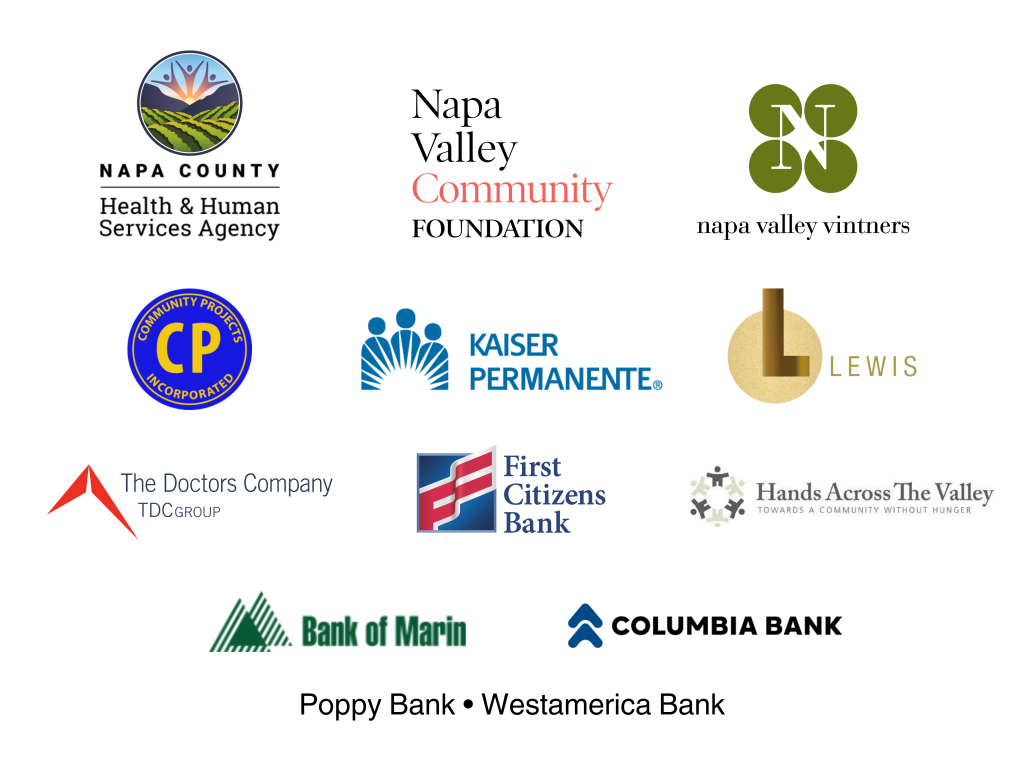 Grid of sponsor logos: Napa County Health & Human Services, Napa Valley Community Foundation, Napa Valley Vintners, Community Projects Incorporated, Kaiser Permanente, Lewis, The Doctors Company, First Citizens Bank, Hands Across The Valley, Bank of Marin, Columbia Bank, with caption 'Poppy Bank • Westamerica Bank'.